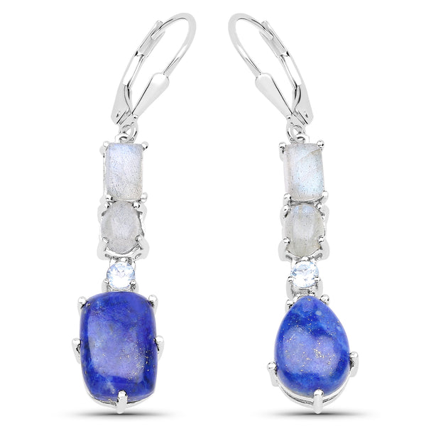 10.12 Carat Genuine Labradorite, Lapis and Blue Topaz .925 Sterling Silver Earrings