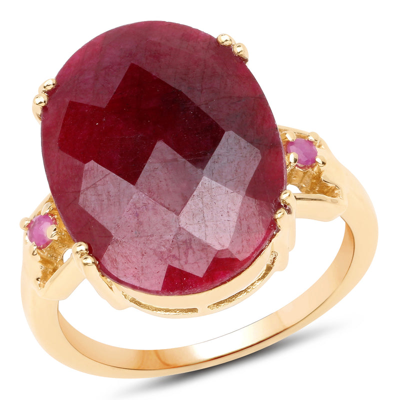 14K Yellow Gold Plated 15.35 Carat Dyed Ruby And Ruby .925 Sterling Silver Ring