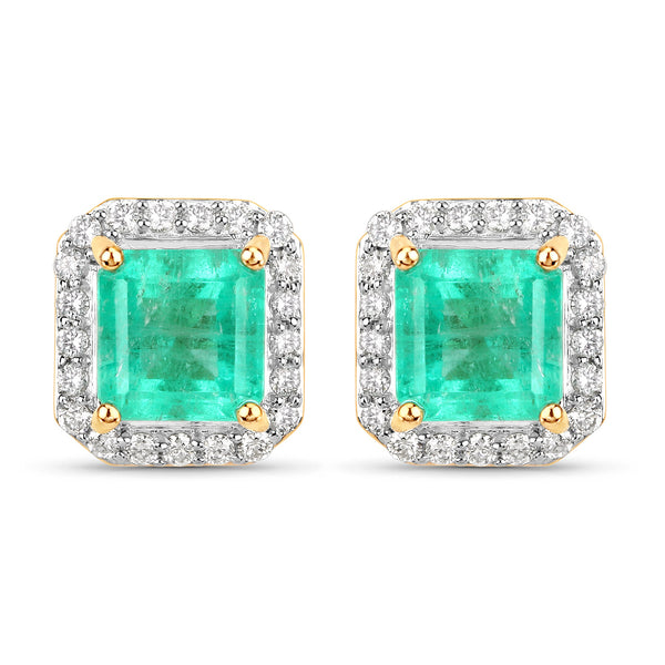 2.53 Carat Genuine Colombian Emerald and White Diamond 14K Yellow Gold Earrings