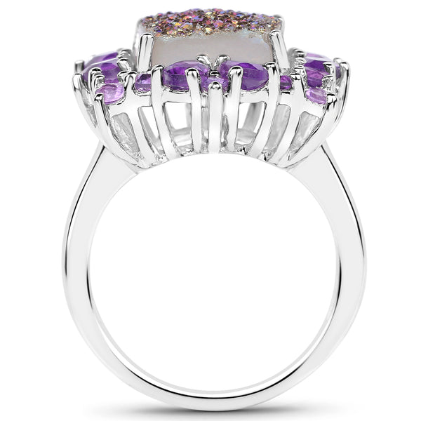 5.97 Carat Genuine Drusy Quartz and Amethyst .925 Sterling Silver Ring