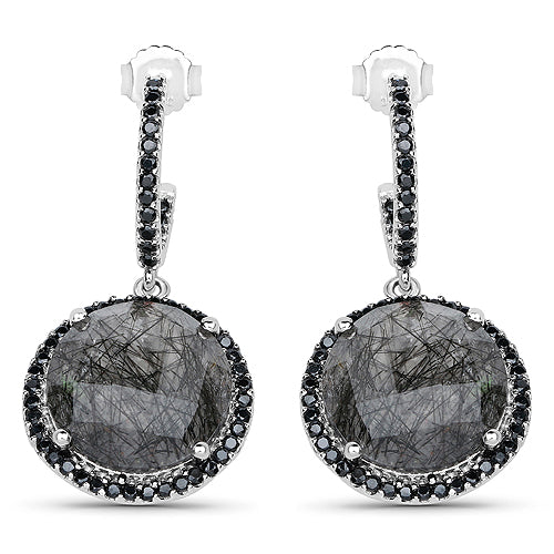 21.98 Carat Black Rutile and Black Spinel .925 Sterling Silver Earrings