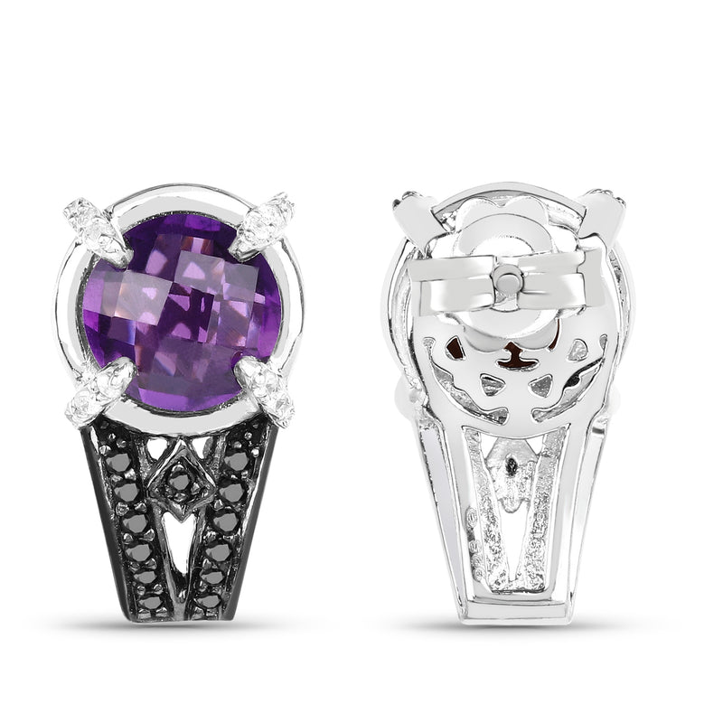 3.61 Carat Genuine Amethyst, Black Diamond and White Diamond .925 Sterling Silver Earrings