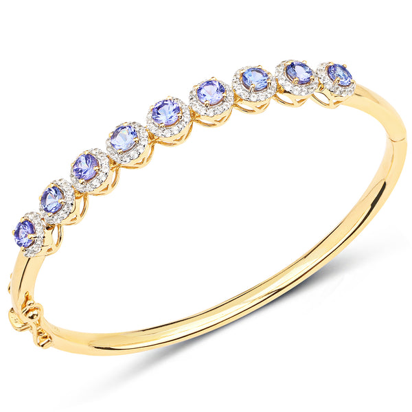 14K Yellow Gold Plated 3.30 Carat Genuine Tanzanite and White Topaz .925 Sterling Silver Bangle