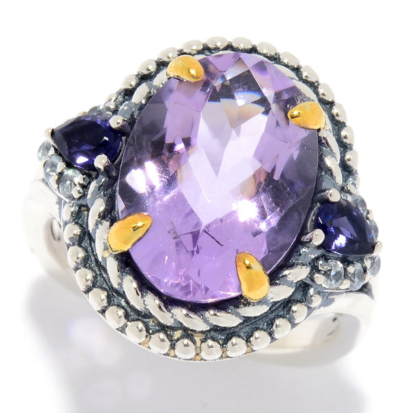 925 Sterling Silver Women Cocktail Ring Pink Amethyst and Iolite