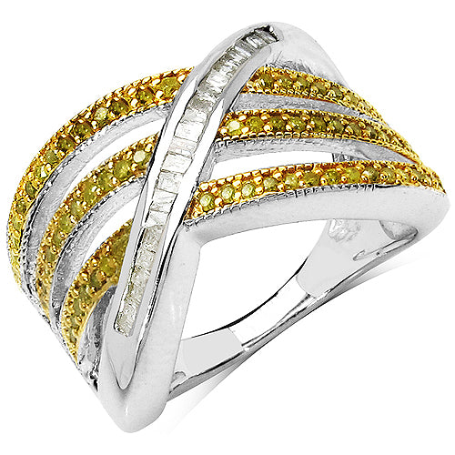 0.79 Carat Genuine White Diamond & Yellow Diamond .925 Sterling Silver Ring