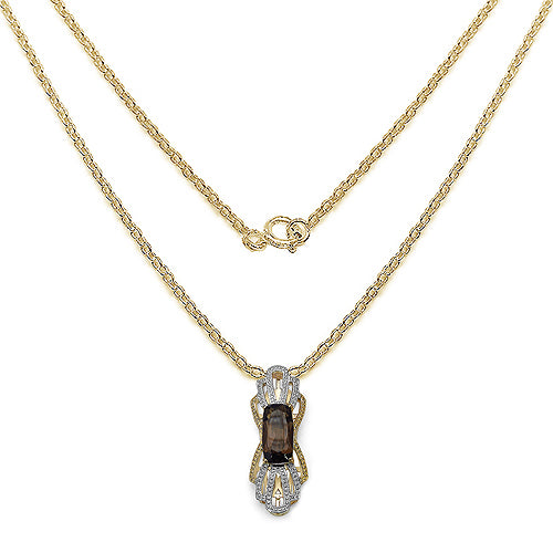 14K Yellow Gold Plated 3.73 Carat Genuine Smoky Quartz & White Diamond .925 Sterling Silver Pendant