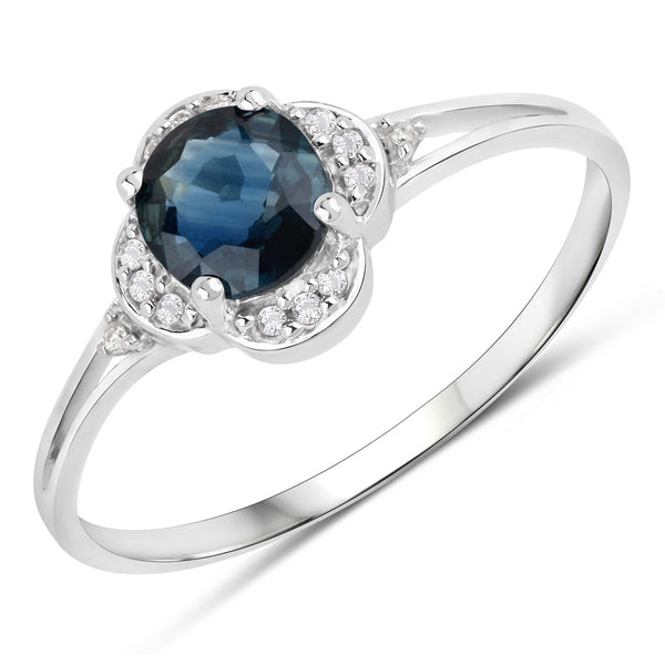 0.69 Carat Genuine Blue Sapphire and White Diamond 14K White Gold Ring