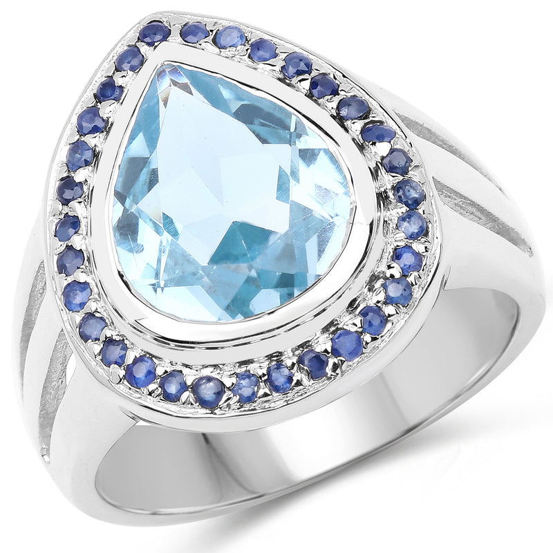 5.42 Carat Genuine Blue Topaz and Blue Sapphire .925 Sterling Silver Ring