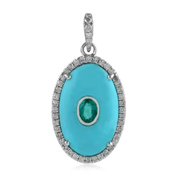 Natural Emerald & Diamond Pendant 18k White Gold Gift Jewelry
