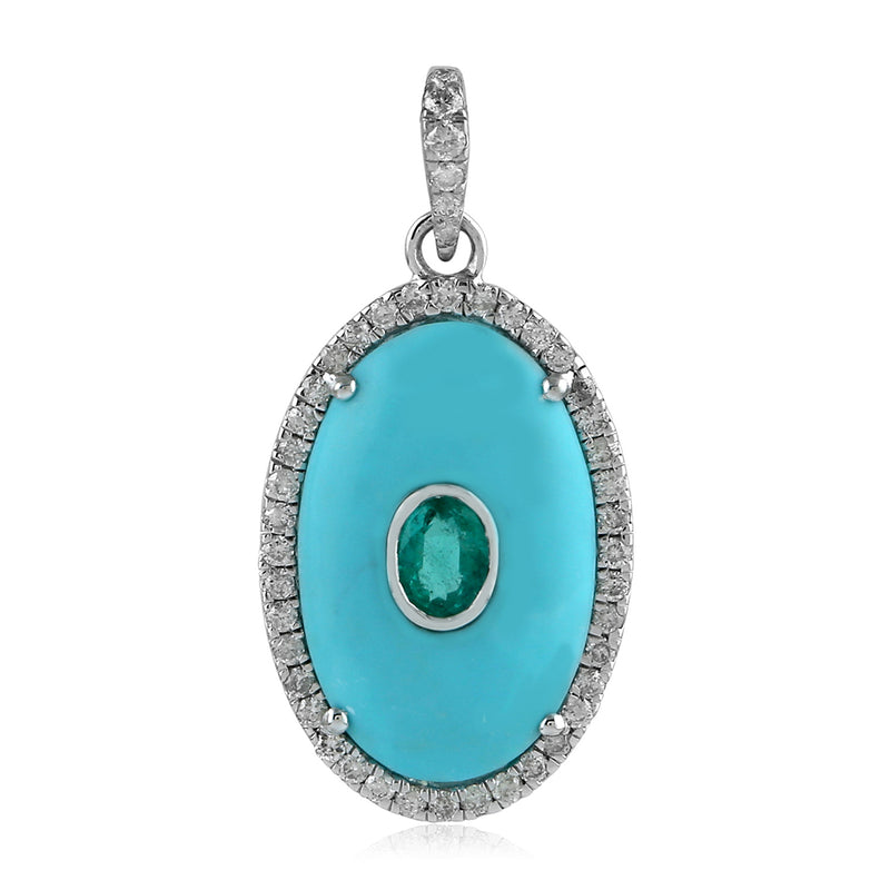 Natural Emerald & Diamond Pendant 18k White Gold Gift Jewelry