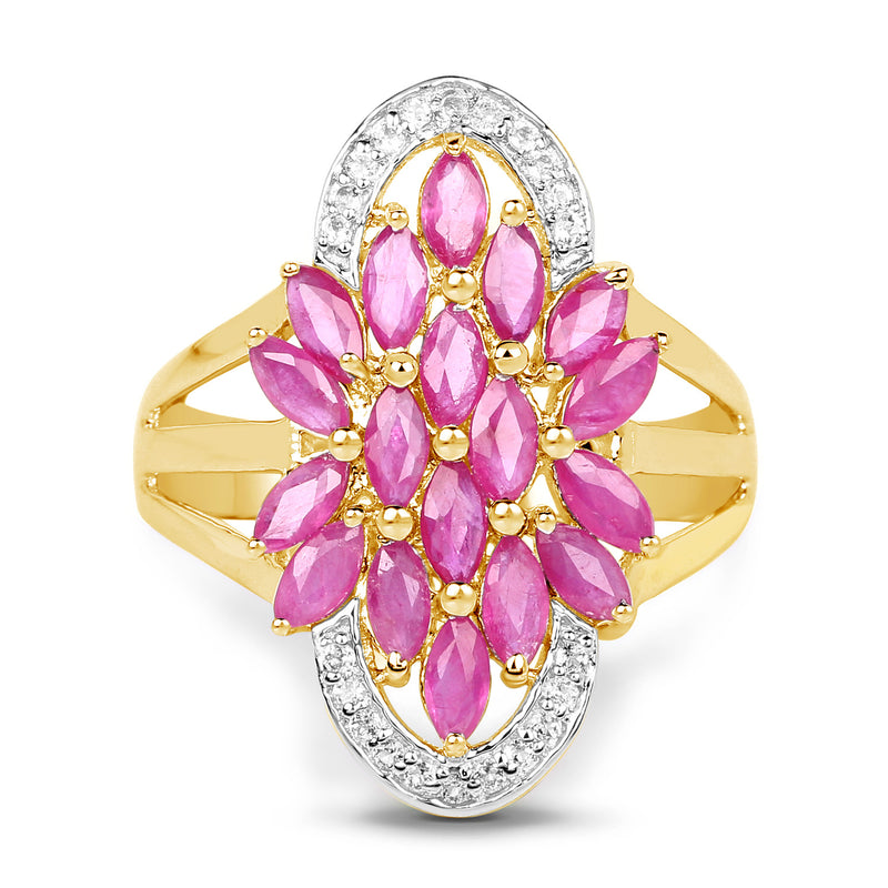 14K Yellow Gold Plated 3.46 Carat Glass Filled Ruby and White Topaz .925 Sterling Silver Ring