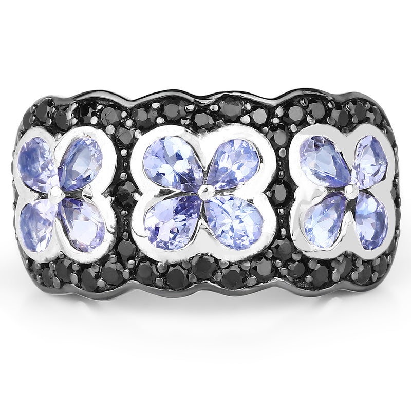 14K Yellow Gold Plated 2.60 Carat Genuine Tanzanite and Black Spinel .925 Sterling Silver Ring