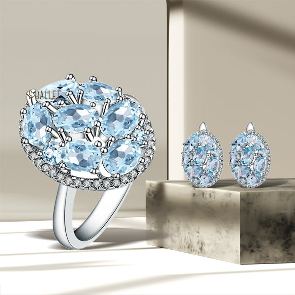 Sterling Silver 11.40ct Oval Sky Blue Topaz Earrings and Ring Set for Her