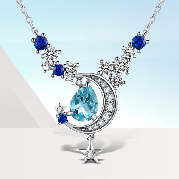 Sterling Silver Sky Blue Topaz and Sapphire Pendant Necklace for Woman