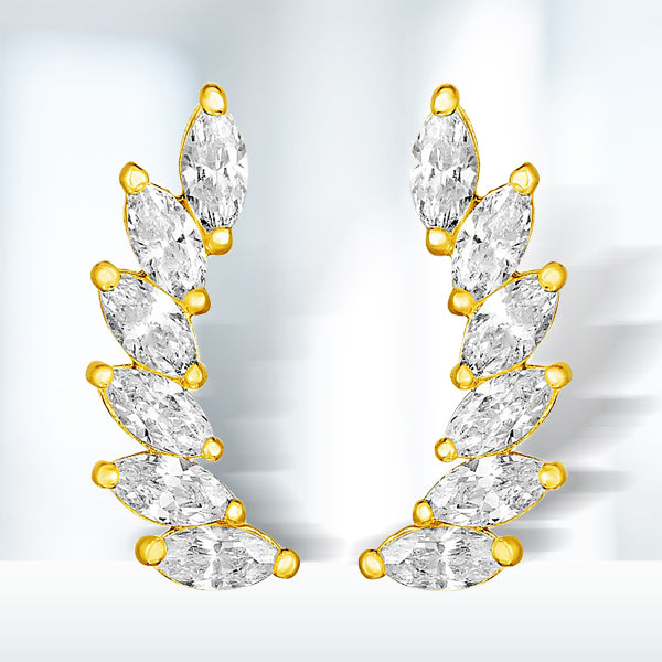 14k Yellow Gold Leaf Motif Climber Post Earrings with Marquise Cubic Zirconias