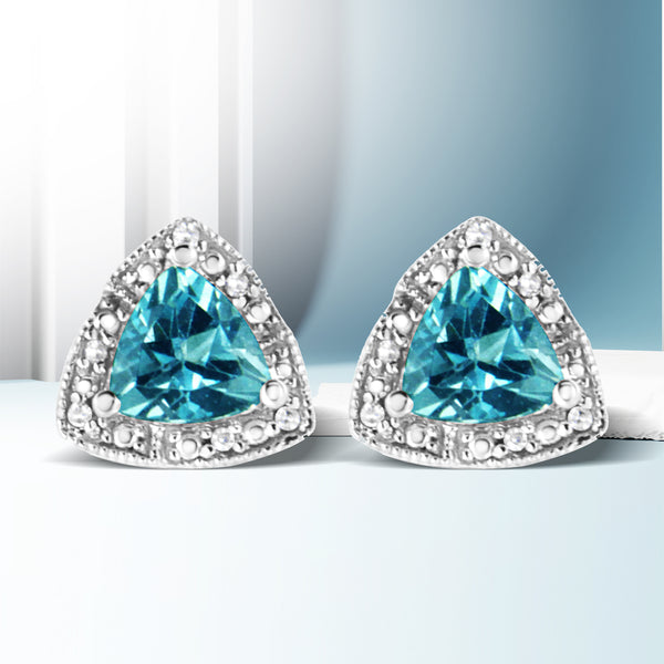 .925 Sterling Silver 6x6 mm Trillion Cut Blue Topaz Gemstone and Diamond Accent Stud Earring (I-J Color, I1-I2 Clarity)