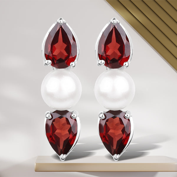 3.10 Carat Genuine Garnet and Pearl .925 Sterling Silver Earrings