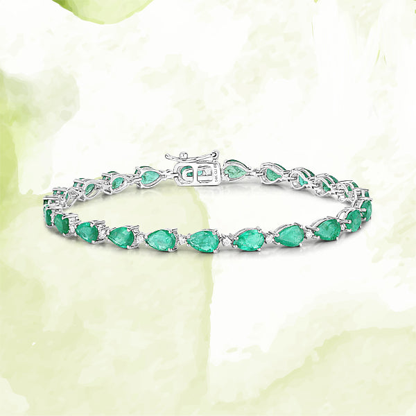 8.37 Carat Genuine Zambian Emerald and White Diamond 14K White Gold Bracelet