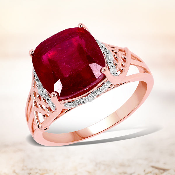 14K Rose Gold Plated 5.54 Carat Genuine Glass Filled Ruby & White Topaz .925 Sterling Silver Ring