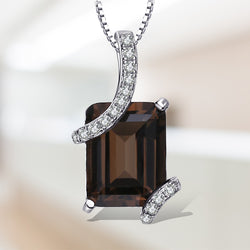 925 Sterling Silver Emerald Cut Smoky Quartz Pendant Necklace for Woman