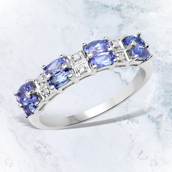 14K White Gold Plated 0.99 Carat Genuine Tanzanite and White Topaz .925 Sterling Silver Ring
