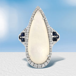 Pave Diamond Blue Sapphire Pear Shape Pearl Cockail 18k White Gold Ring Size
