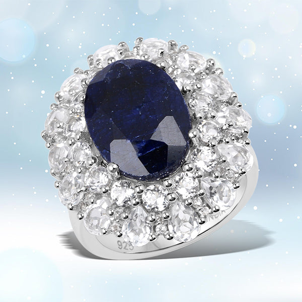 10.64 Carat Dyed Sapphire and White Topaz .925 Sterling Silver Ring