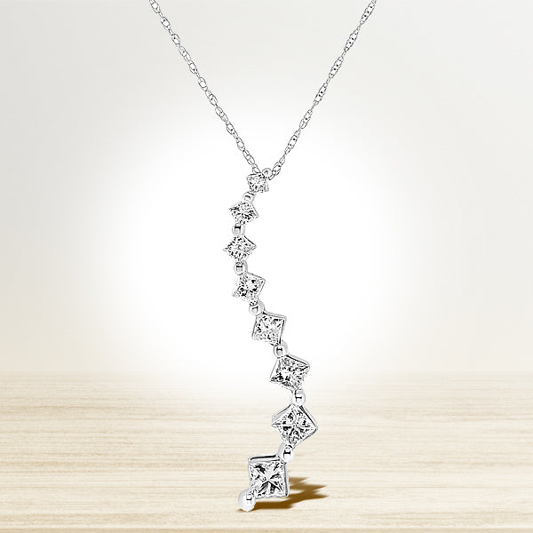 14K White Gold 2.00 Cttw Princess-cut and Baguette-Cut Diamond Journey 18" Pendant Necklace (H-I Color, SI2-I1 Clarity)