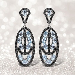 13.80 Carat Genuine Blue Topaz and Black Spinel .925 Sterling Silver Earrings