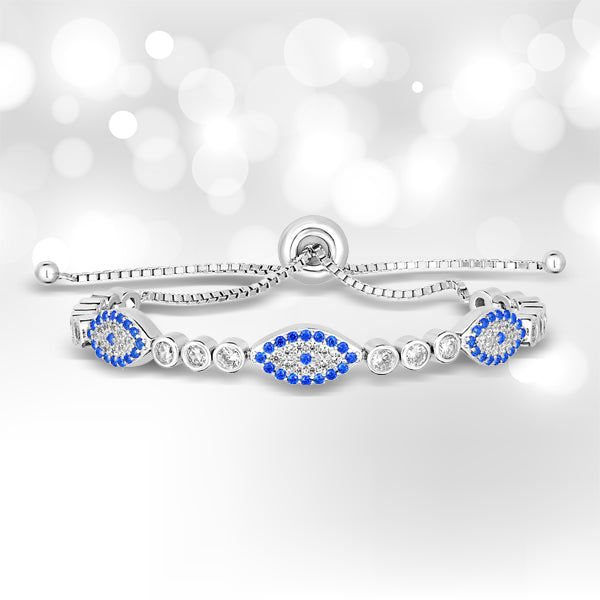 Sterling Silver Adjustable Enameled Evil Eye Bracelet with Cubic Zirconias