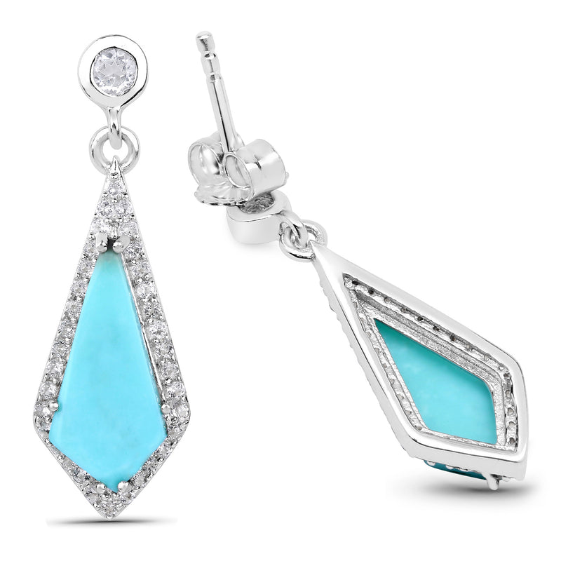 3.15 Carat Genuine Turquoise and White Topaz .925 Sterling Silver Earrings