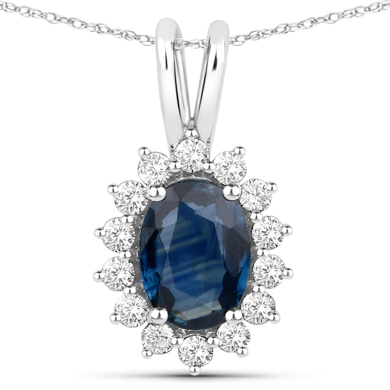 1.15 Carat Genuine Blue Sapphire and White Diamond 14K White Gold Pendant