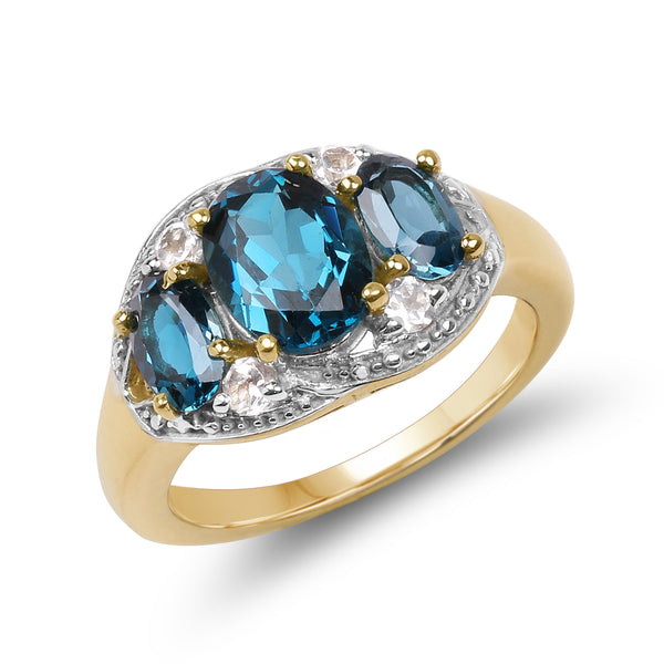 14K Yellow Gold Plated 2.77 Carat Genuine London Blue Topaz and White Topaz .925 Sterling Silver Ring