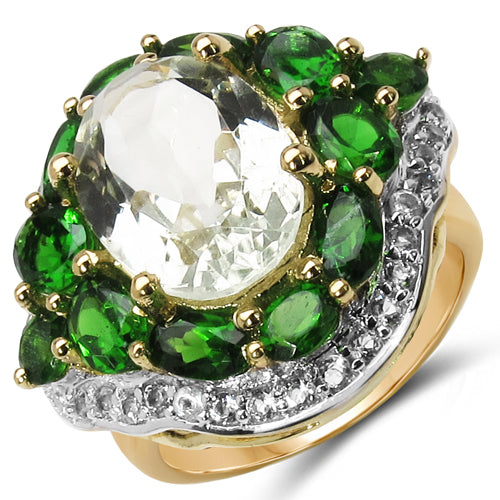 18K Yellow Gold Plated 8.98 Carat Genuine Green Amethyst, Chrome Diopside & White Topaz .925 Sterling Silver Ring