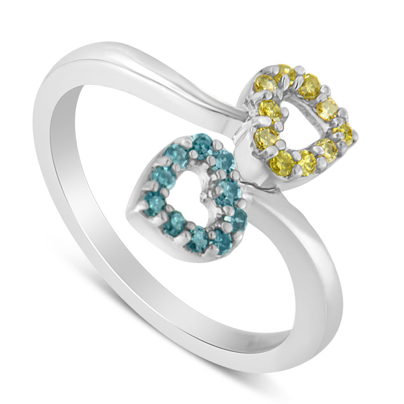 10k White Gold 1/4ct TDW Treated Blue and Yellow Round Diamond Heart Ring(I2-I3)