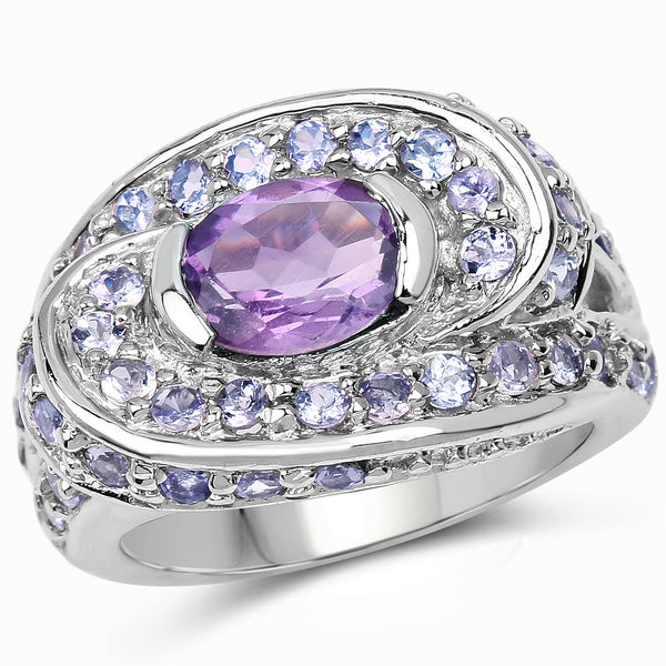 2.76 Carat Genuine Amethyst and Tanzanite .925 Sterling Silver Ring
