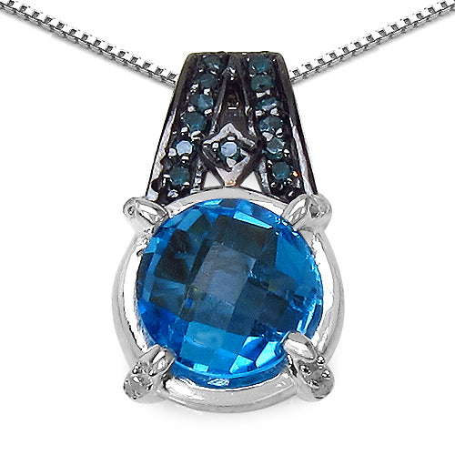 4.94 Carat Genuine Swiss Blue Topaz, Blue Diamond & White Diamond .925 Sterling Silver Pendant