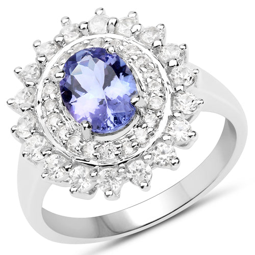 2.35 Carat Genuine Tanzanite and White Zircon .925 Sterling Silver Ring