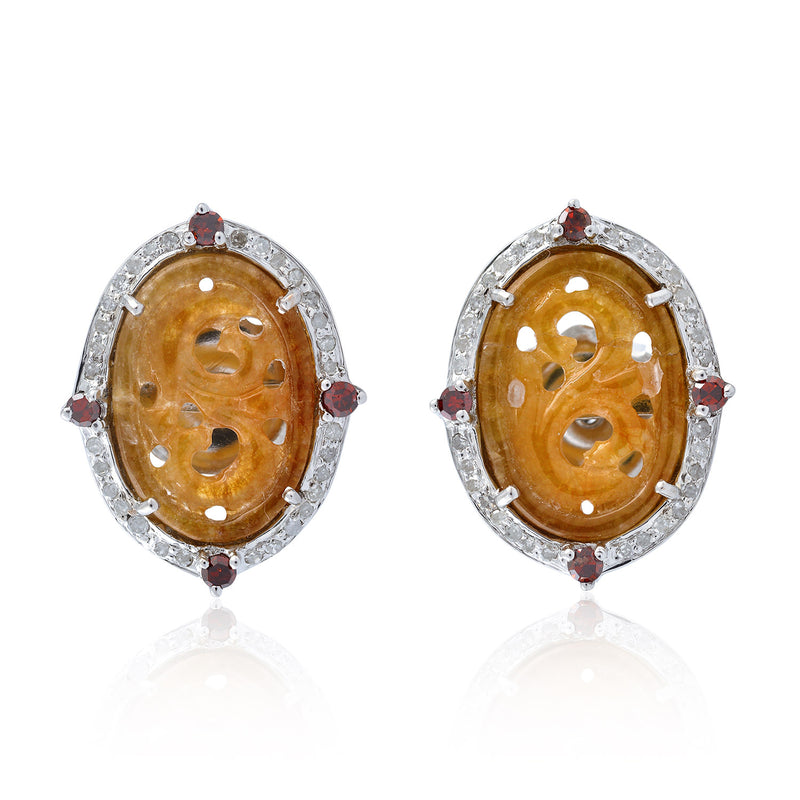 0.48ct Pave Diamond Gemstone Carved Stud Earrings Gold Sterling Silver Jewelry