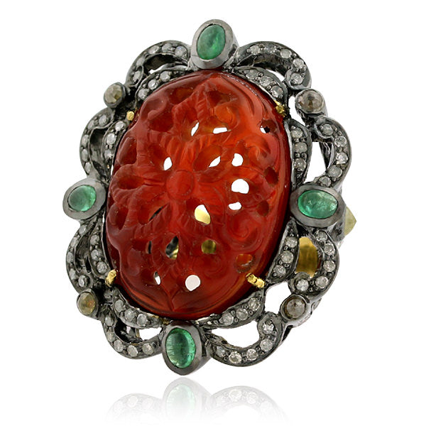 15.5ct Agate Emerald Diamond Carving Ring 18kt Gold 925 Sterling Silver Jewelry
