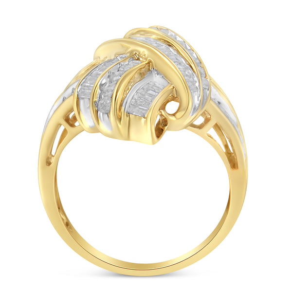 10K Yellow Gold Plated .925 Sterling Silver 1.0 Cttw Round & Baguette Diamond Knot Channel Statement Ring (I-J Color, I2-I3 Clarity) - Size 6