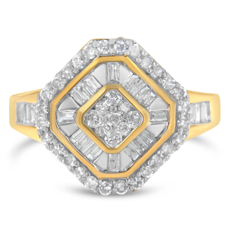 10K Yellow Gold Round and Baguette-Cut Diamond Cocktail Ring (1.0 Cttw, I-J Color, I1-I2 Clarity) - Size 7
