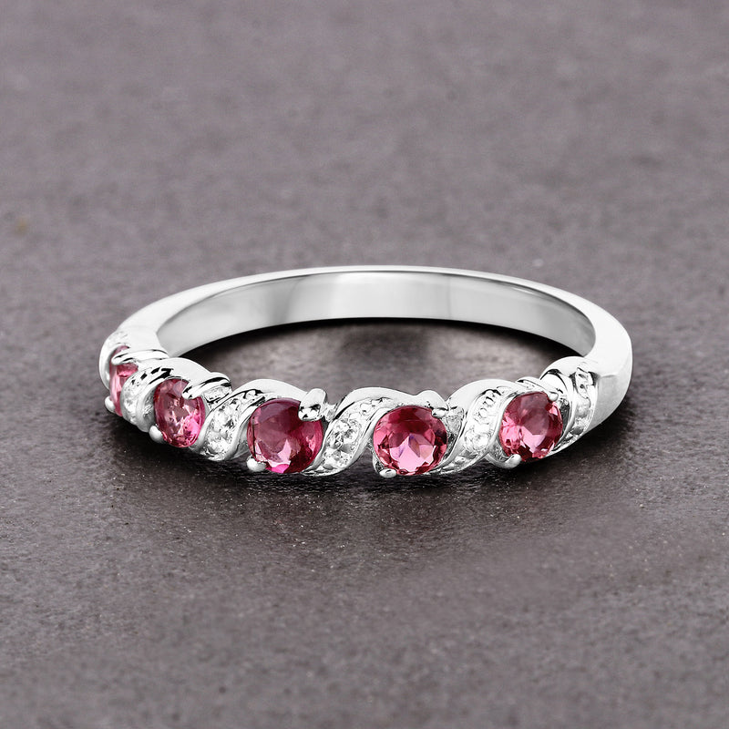 0.64 Carat Genuine Pink Tourmaline and White Topaz .925 Sterling Silver Ring