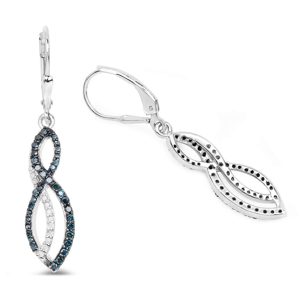 0.72 Carat Genuine White Diamond and Blue Diamond .925 Sterling Silver Earrings