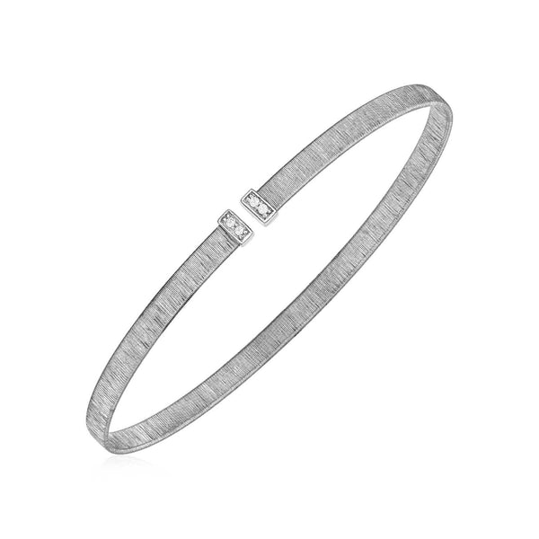 14k White Gold Narrow Silk Textured Cuff Bangle with Diamonds