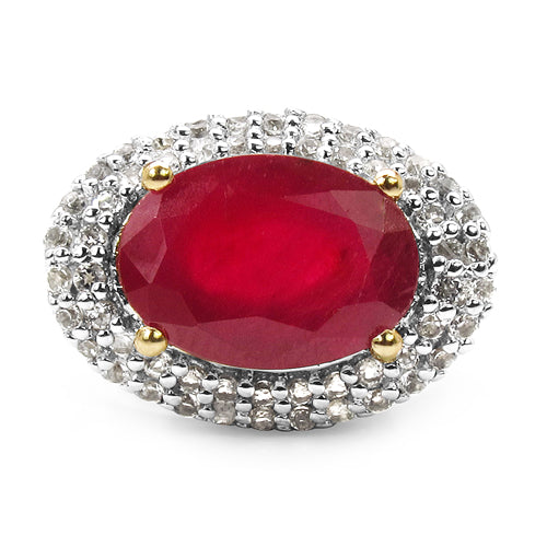 14K Yellow Gold Plated 8.73 Carat Genuine Glass Filled Ruby & White Topaz .925 Sterling Silver Ring