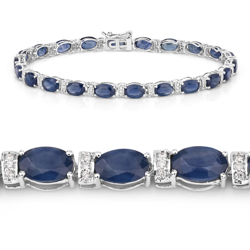 12.36 Carat Genuine Blue Sapphire and White Diamond 14K White Gold Bracelet