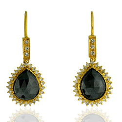 Diamond 18k Gold Hematite Indian Ethnic Look Hook Dangle Earrings Jewelry