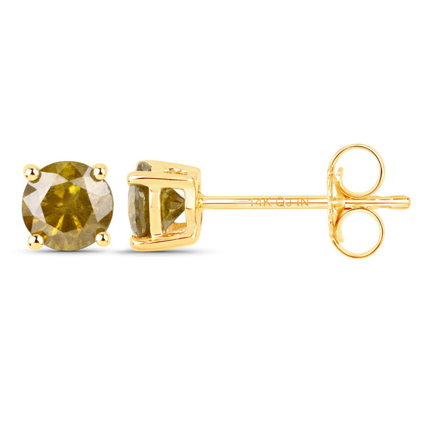 0.74 Carat Genuine Yellow Diamond 14K Yellow Gold Earrings ( I1-I2 )