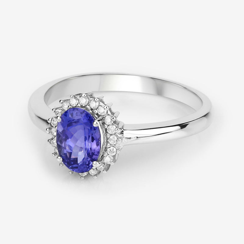 0.86 Carat Genuine Tanzanite and White Diamond 14K White Gold Ring